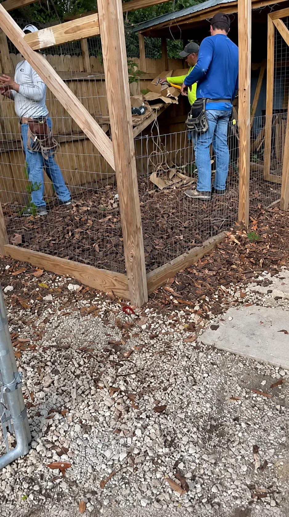 Fox habitat with wooden shelter and outdoor enrichment at the sanctuary